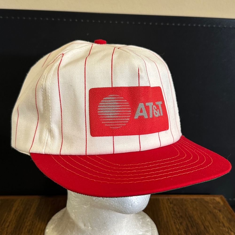 Vintage AT&T Pinstripe Snapback Hat White Red Baseball Style Corporate Cap